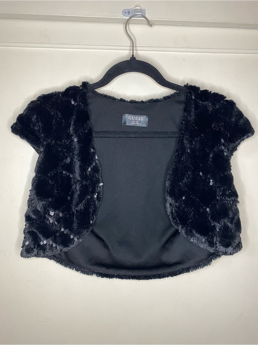GUESS Black Faux Fur Sequin Bolero Shrug